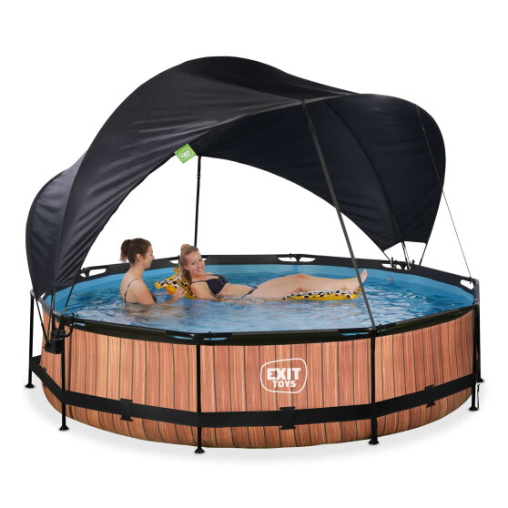 EXIT Wood pool &oslash;360x76cm with filter pump and canopy - brown