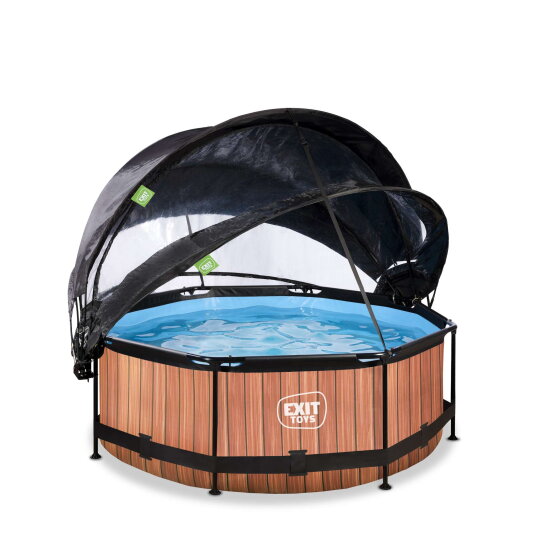 EXIT Wood pool &oslash;244x76cm with filter pump and dome and canopy - brown