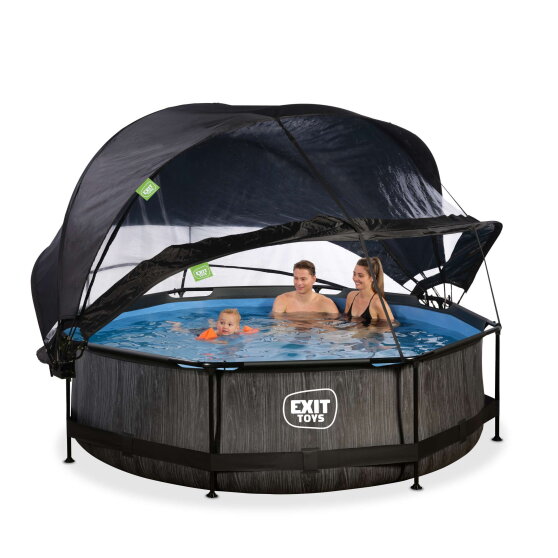 EXIT Black Wood pool &oslash;300x76cm with filter pump and dome and canopy - black