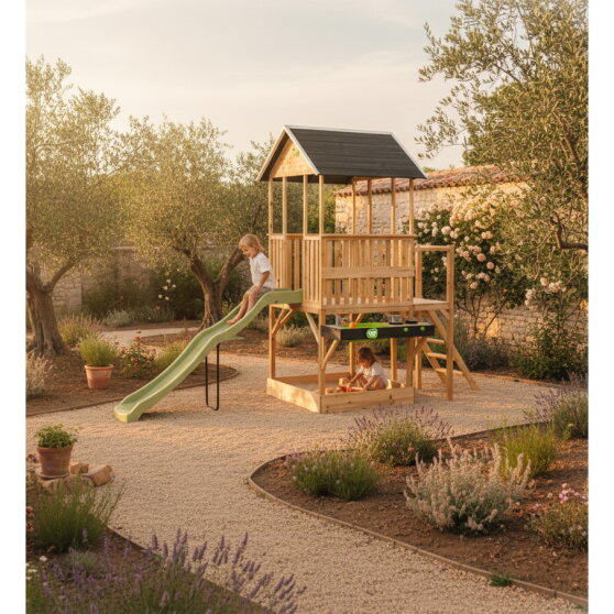 EXIT Panorama 550 wooden playhouse with slide, mud kitchen and sandpit