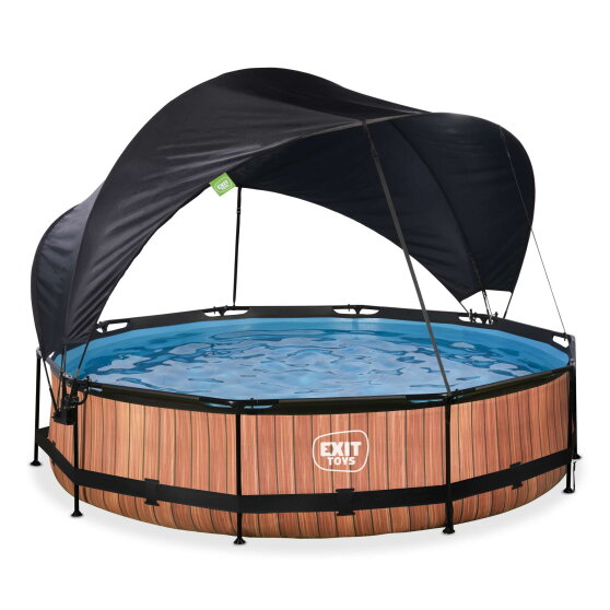 EXIT Wood pool &oslash;360x76cm with filter pump and canopy - brown