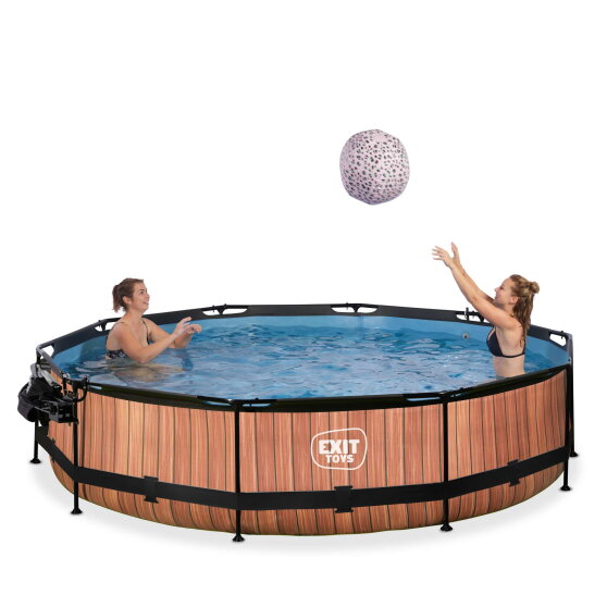 EXIT Wood pool &oslash;360x76cm with filter pump and dome and canopy - brown