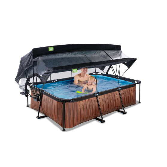 EXIT Wood pool 220x150x65cm with filter pump and dome and canopy - brown