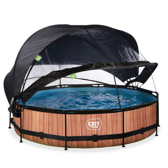 EXIT Wood pool &oslash;360x76cm with filter pump and dome and canopy - brown