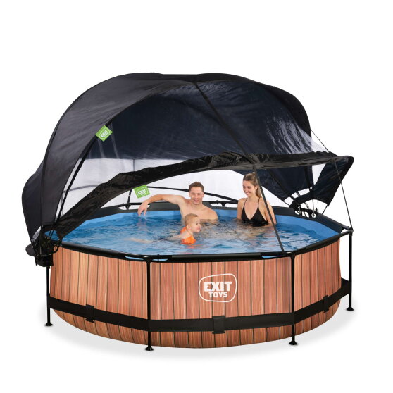 EXIT Wood pool &oslash;300x76cm with filter pump and dome and canopy - brown
