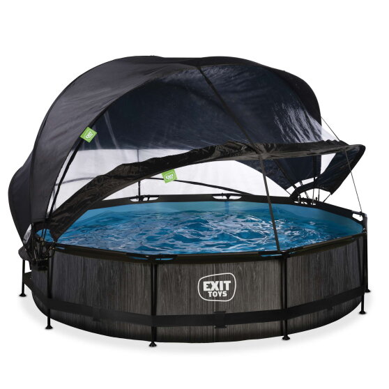 EXIT Black Wood pool &oslash;360x76cm with filter pump and dome and canopy - black