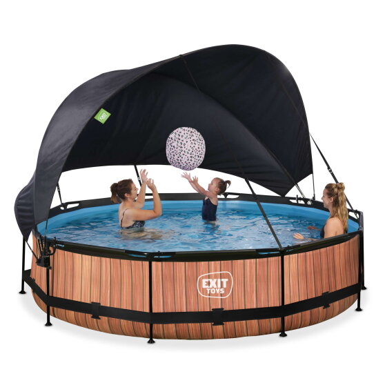 EXIT Wood pool &oslash;360x76cm with filter pump and canopy - brown