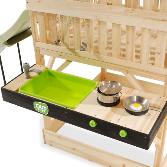 EXIT Panorama 550 wooden playhouse with slide, mud kitchen and sandpit