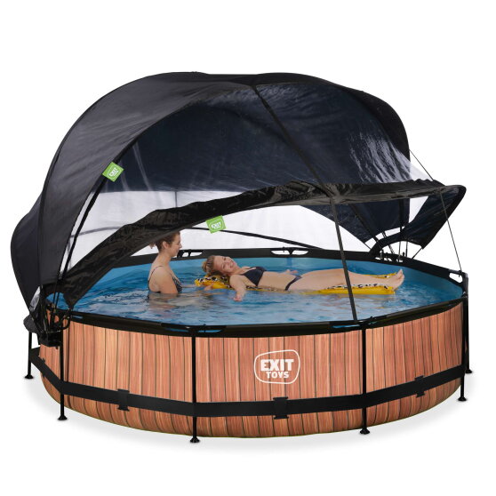EXIT Wood pool &oslash;360x76cm with filter pump and dome and canopy - brown
