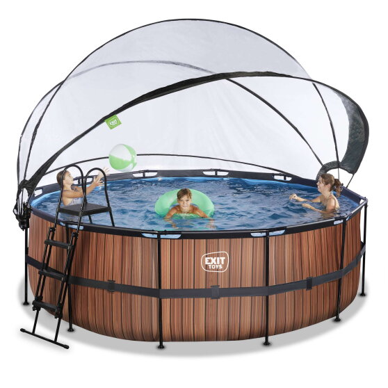 EXIT Wood pool &oslash;427x122cm with sand filter pump and dome - brown