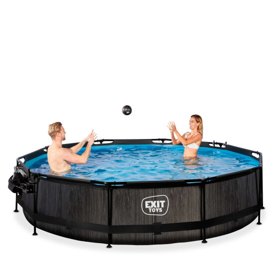 EXIT Black Wood pool &oslash;360x76cm with filter pump and dome and canopy - black