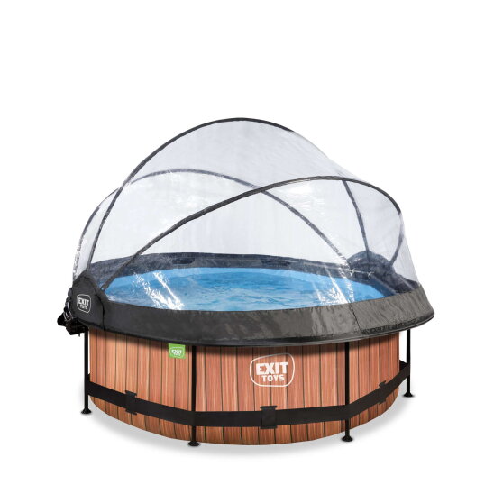 EXIT Wood pool &oslash;244x76cm with filter pump and dome and canopy - brown