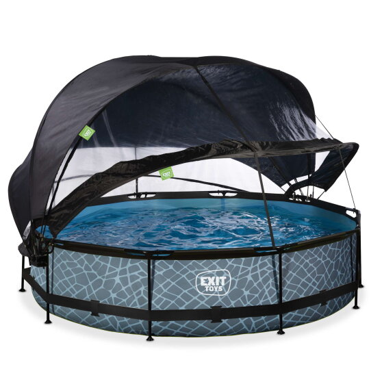 EXIT Stone pool &oslash;360x76cm with filter pump and dome and canopy - grey