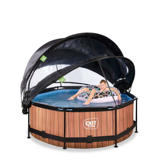 EXIT Wood pool &oslash;244x76cm with filter pump and dome and canopy - brown