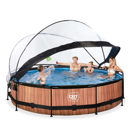 EXIT Wood pool &oslash;360x76cm with filter pump and dome - brown