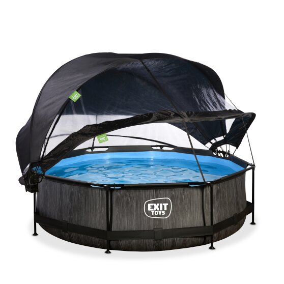 EXIT Black Wood pool ø300x76cm with filter pump and dome and canopy - black