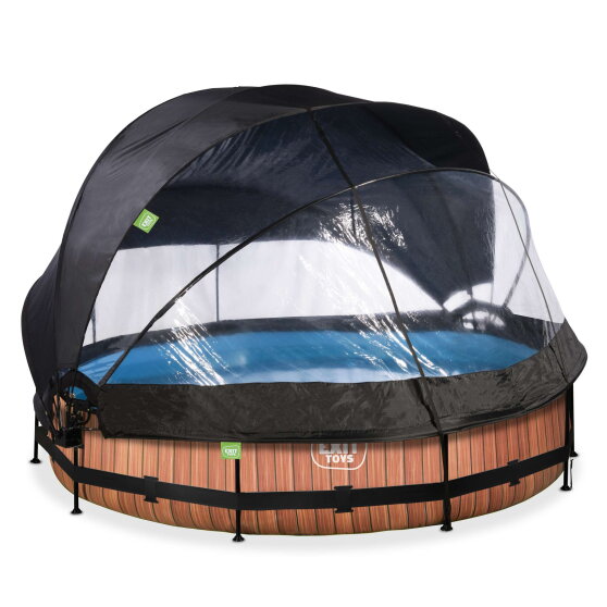 EXIT Wood pool &oslash;360x76cm with filter pump and dome and canopy - brown
