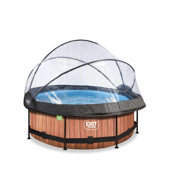 EXIT Wood pool &oslash;244x76cm with filter pump and dome - brown