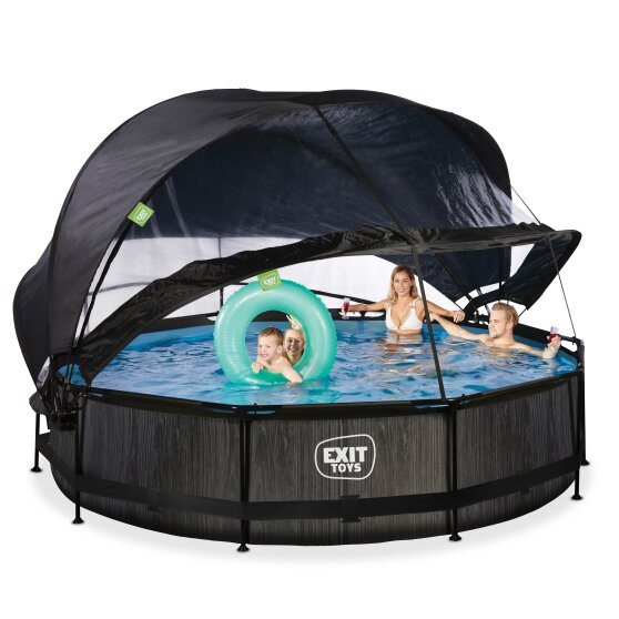 EXIT Black Wood pool ø360x76cm with filter pump and dome and canopy - black