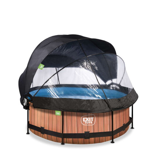 EXIT Wood pool &oslash;244x76cm with filter pump and dome and canopy - brown