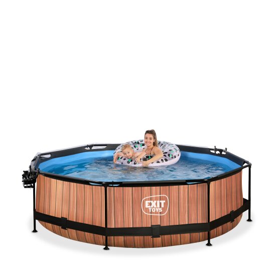 EXIT Wood pool ø300x76cm with filter pump and dome and canopy - brown