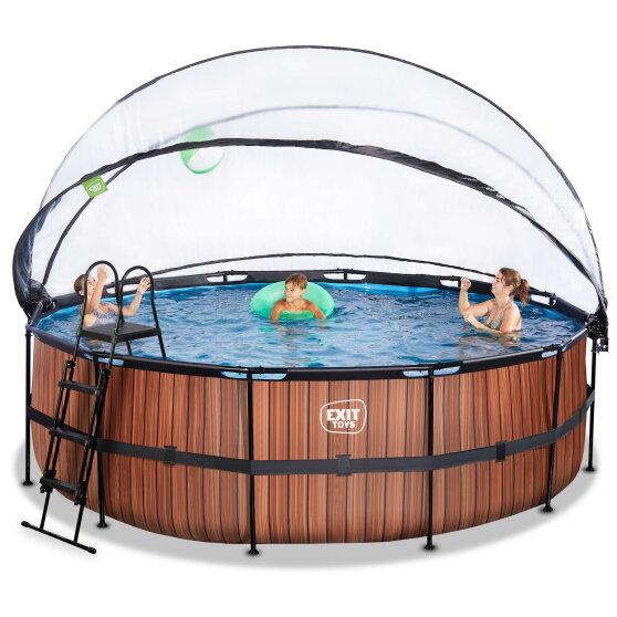 EXIT Wood pool ø450x122cm with sand filter pump and dome - brown