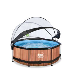 EXIT Wood pool &oslash;244x76cm with filter pump and dome - brown