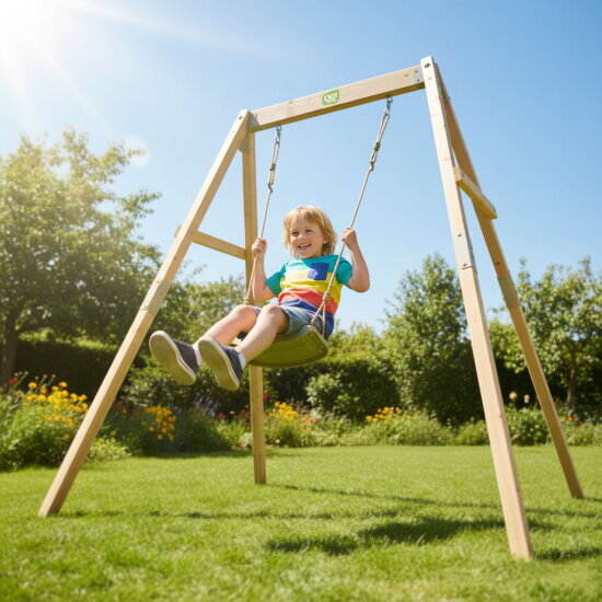 The EXIT Silvi wooden grow with me swing grows with your child, from baby age up to school age, with an adjustable frame suitable for both indoor and outdoor use.